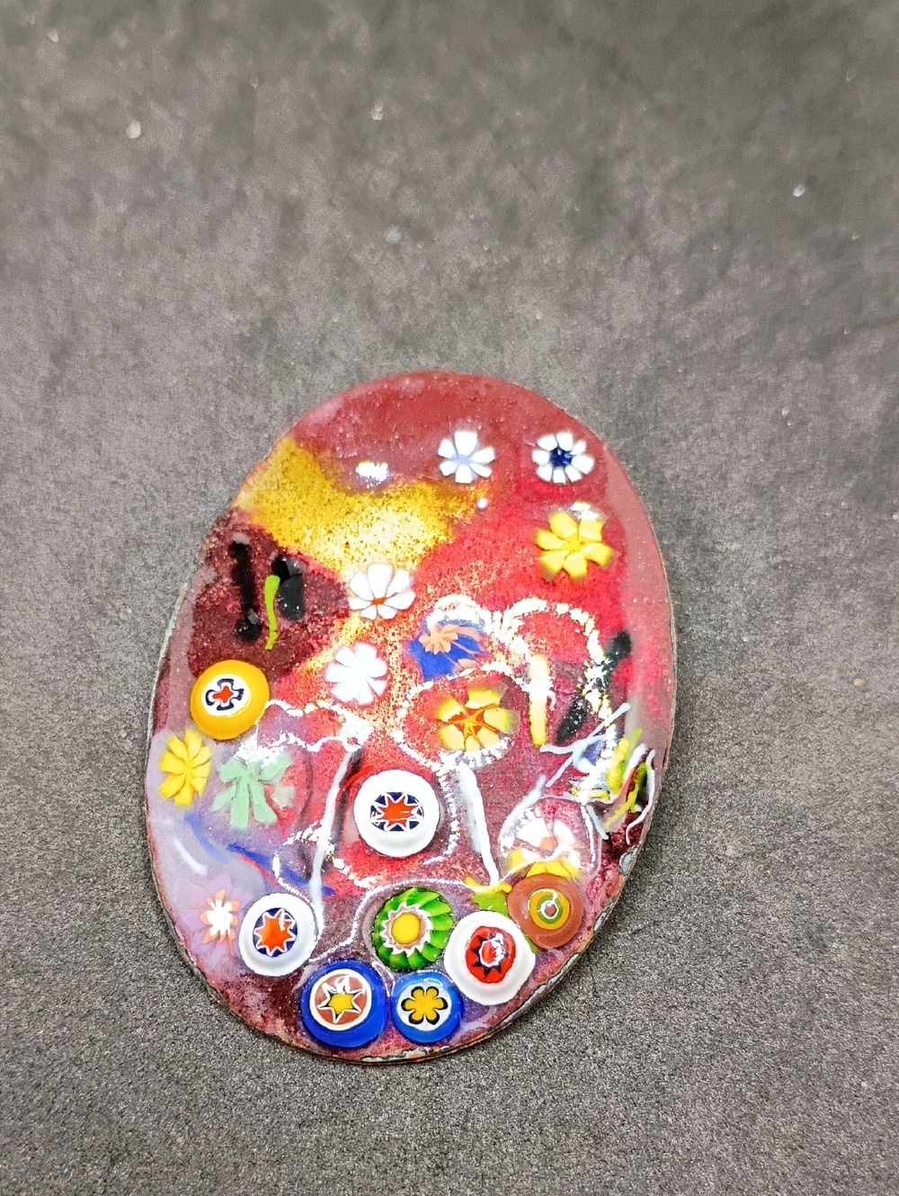 Vintage Red Millefiori Floral Glass Brooch